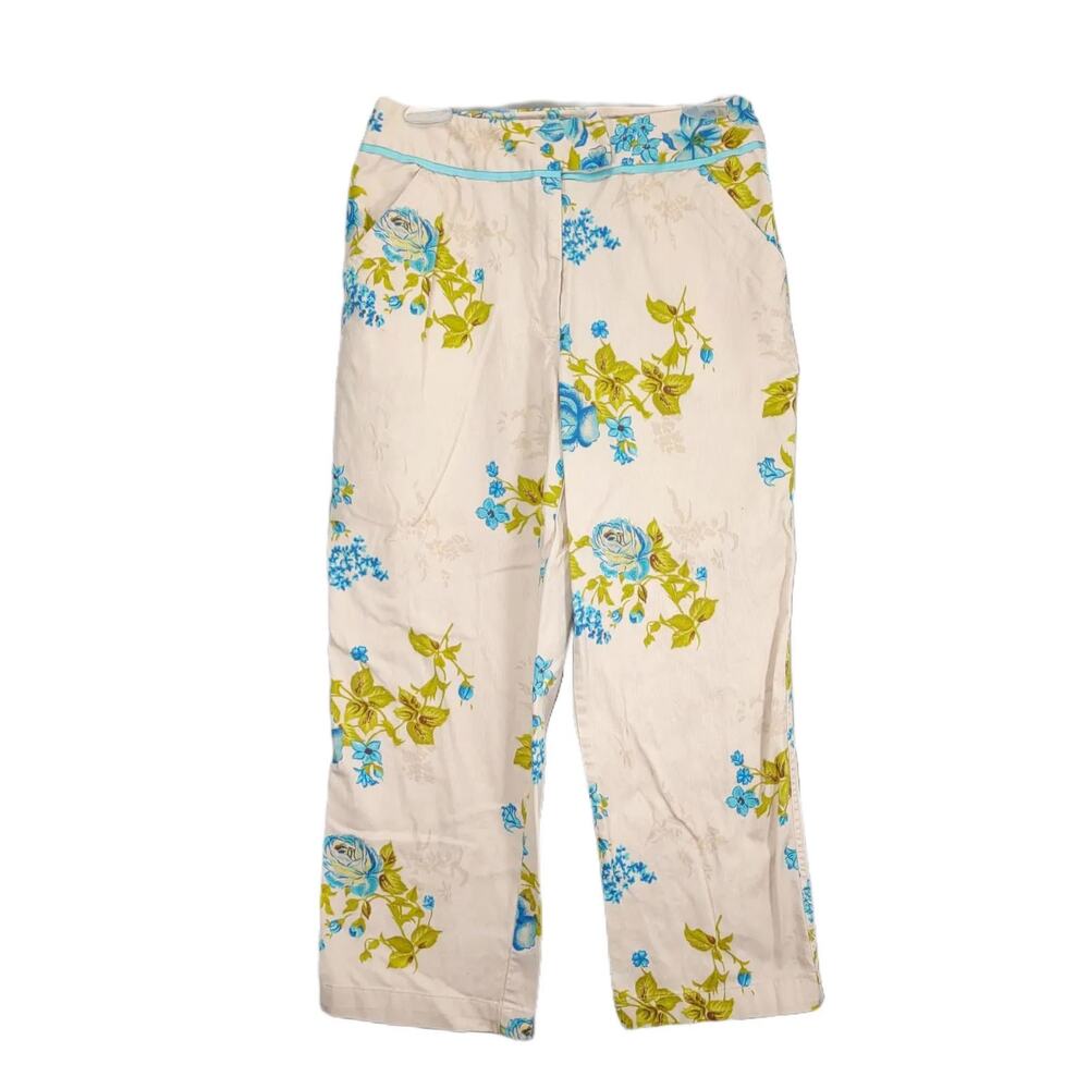 Duck Head Women's 8 Ivory Blue Floral Capri Cropped Pants, Cottagecore Fairy Y2K